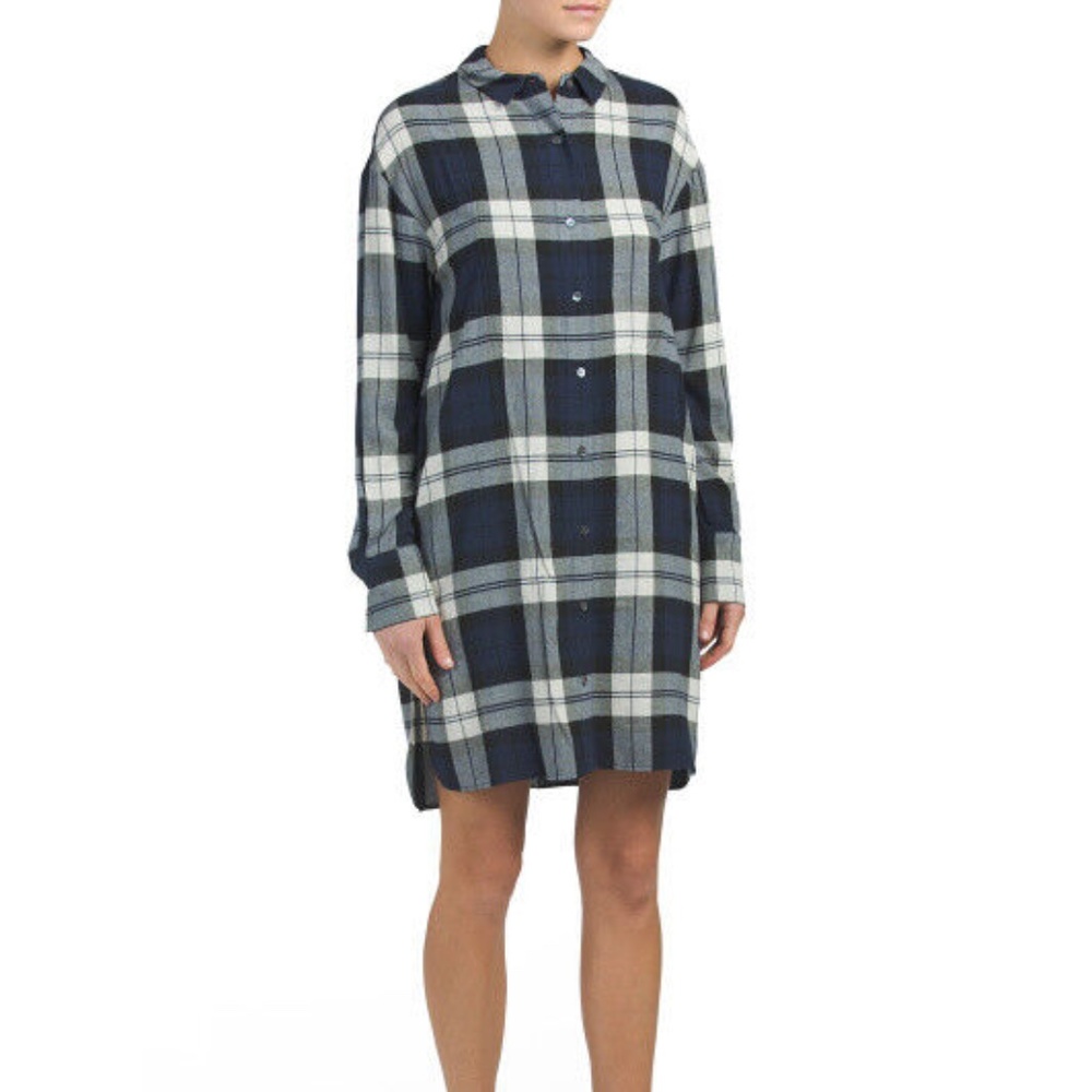 Theory Wool Blend Navy Plaid Long Sleeve Button Down Shirt Dress Sz 0 Cabincore